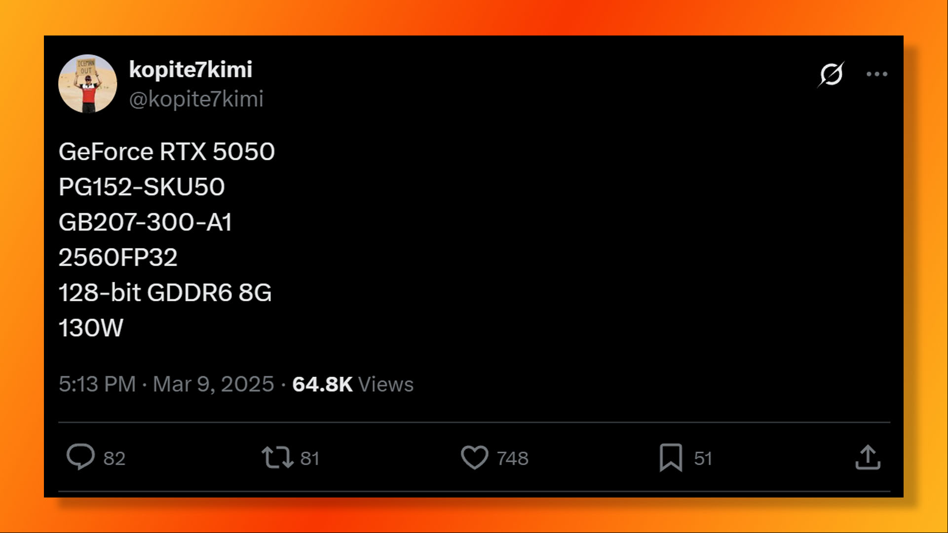 Nvidia GeForce RTX 5050 specs leak from kopite7kimi on X (formerly Twitter).