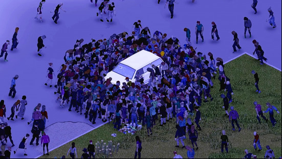 Zombies swarm a car in Project Zomboid, one of the best sandbox games on PC.