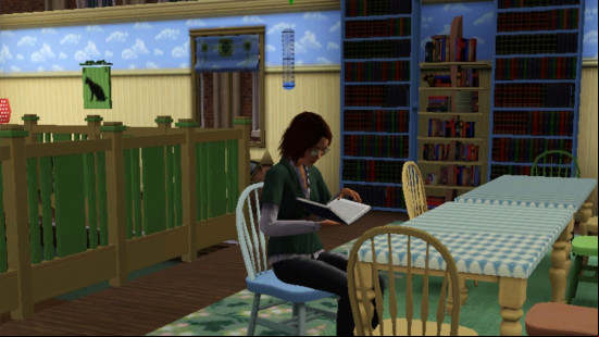 A woman reading a book at a table in The Sims 3.