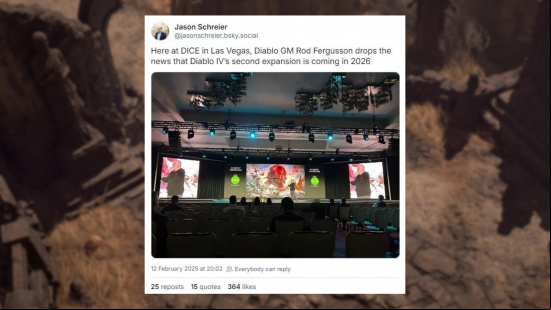 A quote from Jason Schreier stating: Here at DICE in Las Vegas, Diablo GM Rod Fergusson drops the news that Diablo IV's second expansion is coming in 2026