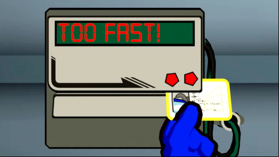 A blue bean tries to complete the ID card task in Among Us 3D.