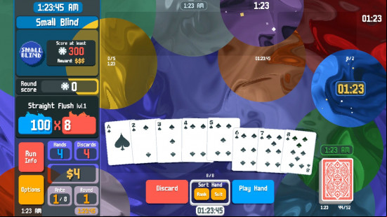 The in-game screen shows the multiple clock overlays available in the SystemClock Balatro mod. 