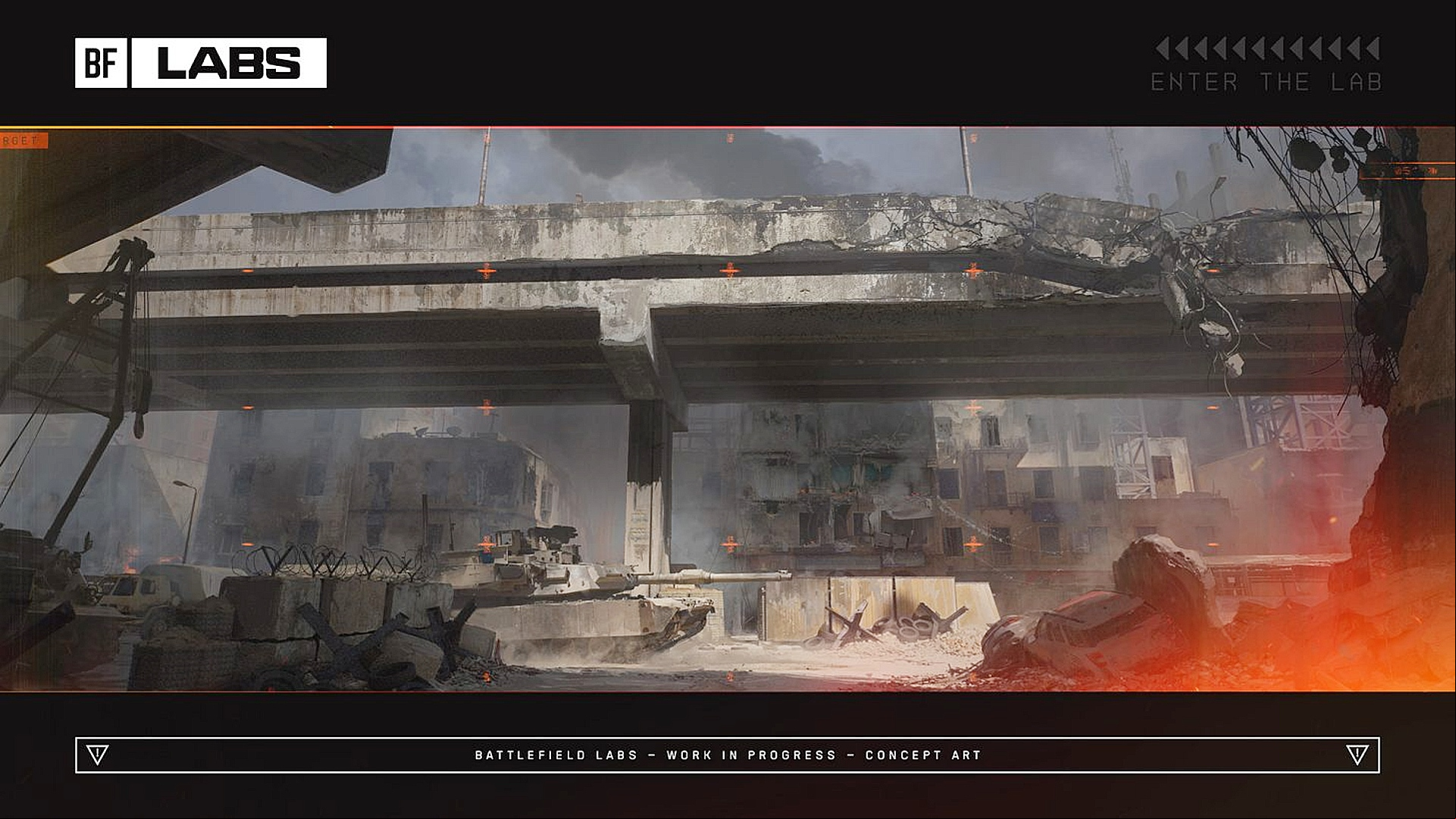 Battlefield Labs: concept art of a destroyed bridge and a tank for the next Battlefield game