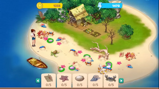Best farming games: Taonga: The Island Farm. Image shows the player on a beach near items that need to be collected.