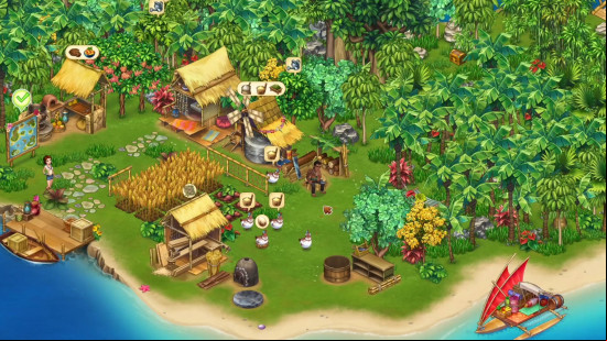 Best laptop games: Taonga: The Island Farm. Image show the shore from an isometric perspective, with many buildings and plants on the island.