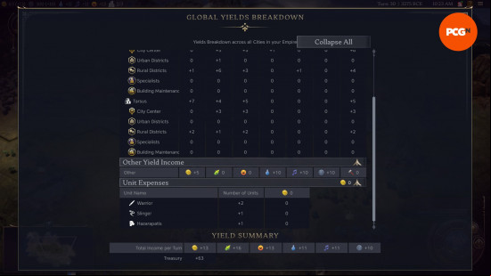 Civ 7 mods: The in-game yields breakdown screen, the only way to see which units you have on the board.