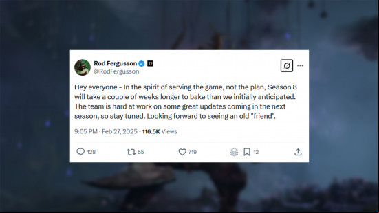 Diablo 4, a tweet explaining Diablo 4's next season has been pushed back 2 weeks. 