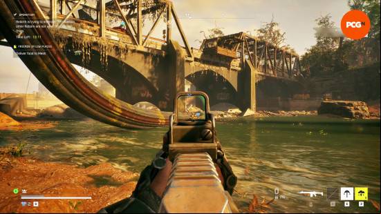 Exoborne gameplay impressions: aiming at an enemy hiding under a bridge