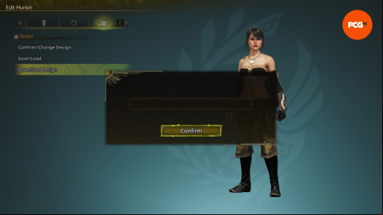 An empty text box in the MonHun Wilds character creation tool for entering Monster Hunter design codes.