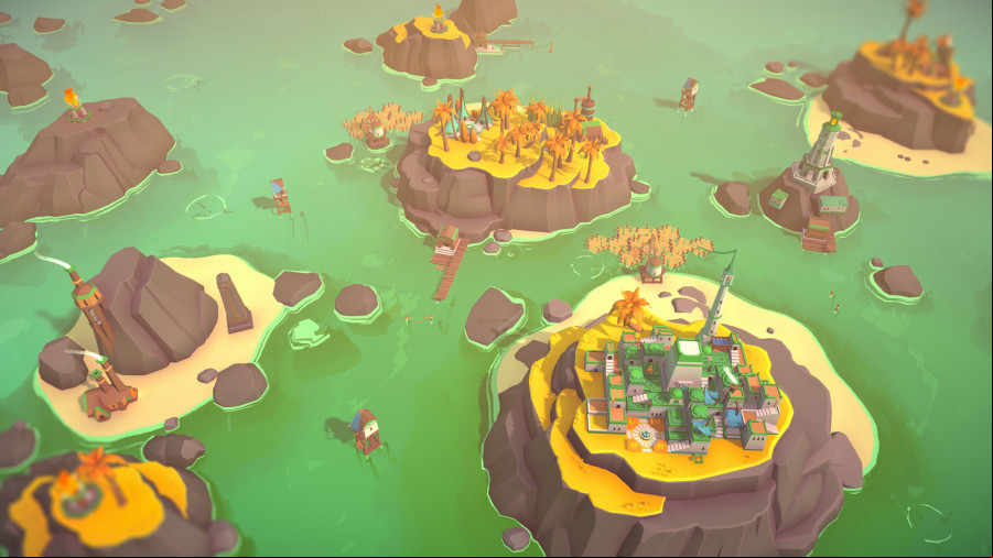 Islanders: New Shores, a calm tropical archipelago with buildingson some of the islands.
