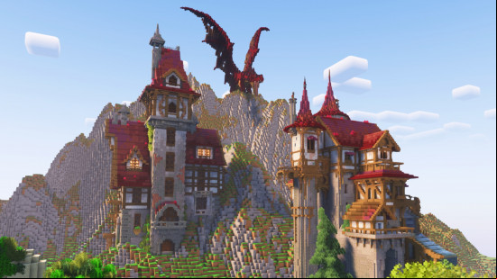Minecraft build ideas: A red dragon widens its wings as it protects two fantasy buildings in Minecraft.