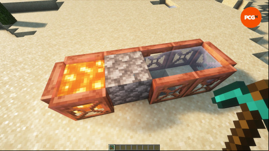 A player goes to harvest cobblestone from a cobblestone generator, one of the best and easiest Minecraft farms.