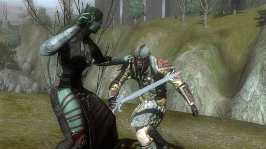 Neverwinter Nights 2: A green-skinned woman wearing a robe righting a knight in shining armor