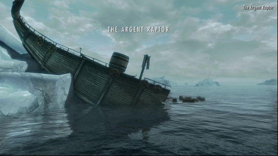 Skyrim mods: a wooden ship, broken in two as it ran aground on an iceberg. 