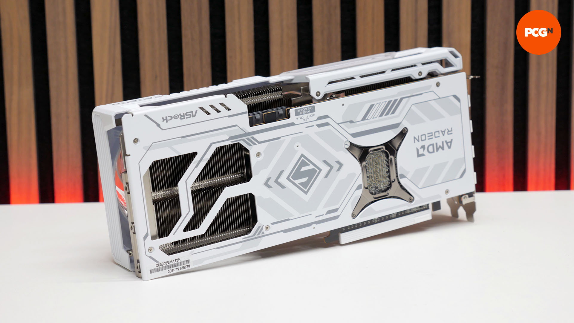 AMD Radeon RX 9070 review: White ASRock Steel Legend graphics card backplate.
