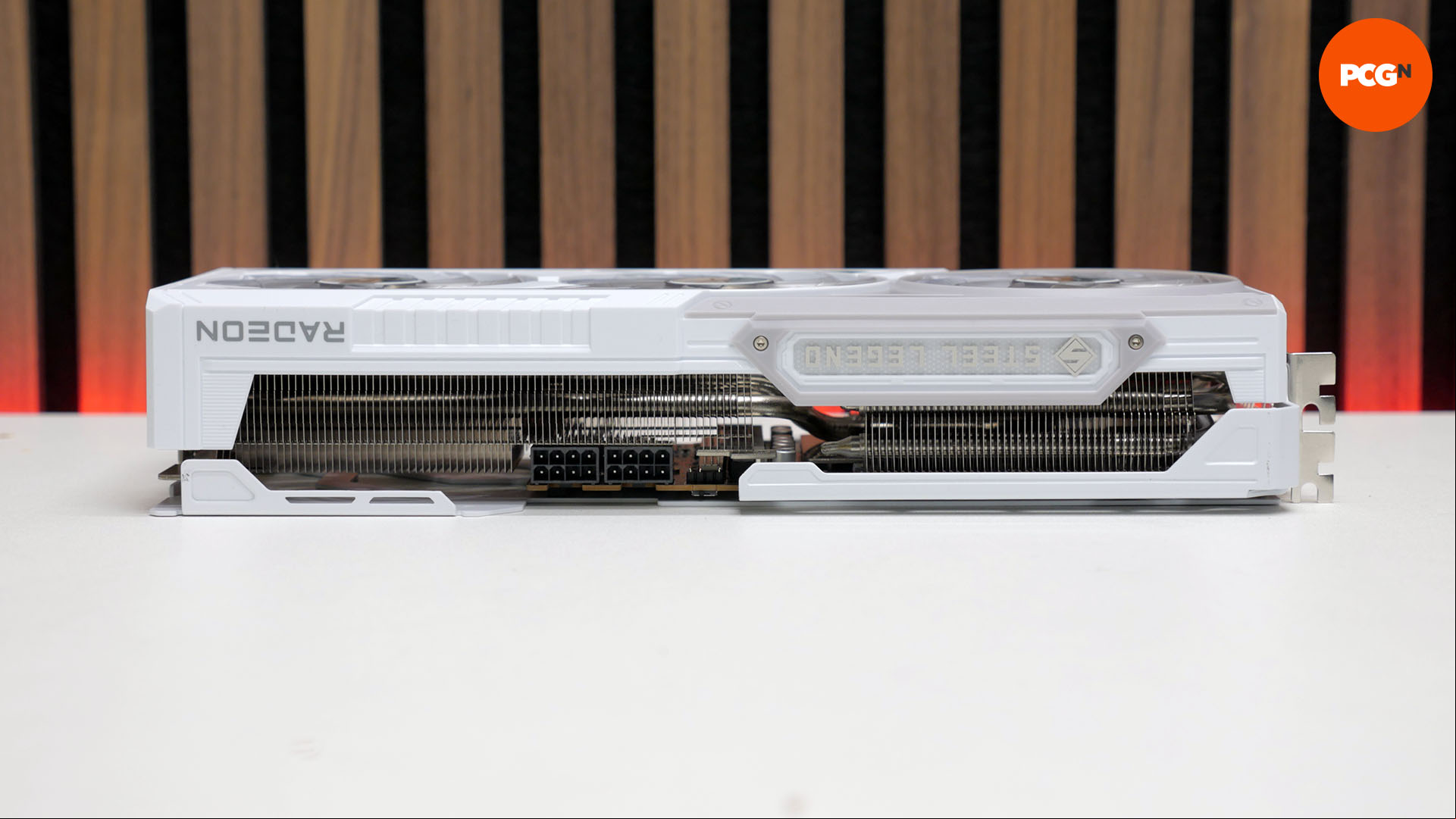 AMD Radeon RX 9070 review: White ASRock Steel Legend graphics card top edge showing 8-pin power connectors.