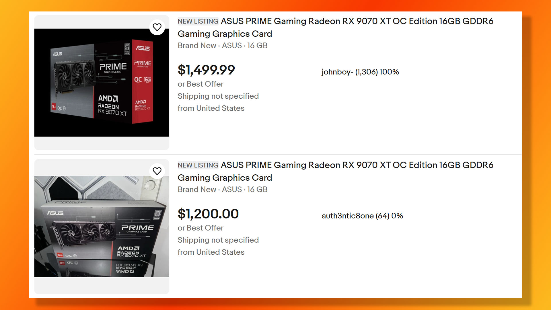 AMD Radeon RX 9070 XT scalper prices on Ebay.