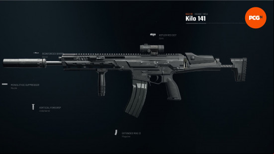 Best Warzone guns: a sleek black assault rifle with a vertical foregrip attachment.