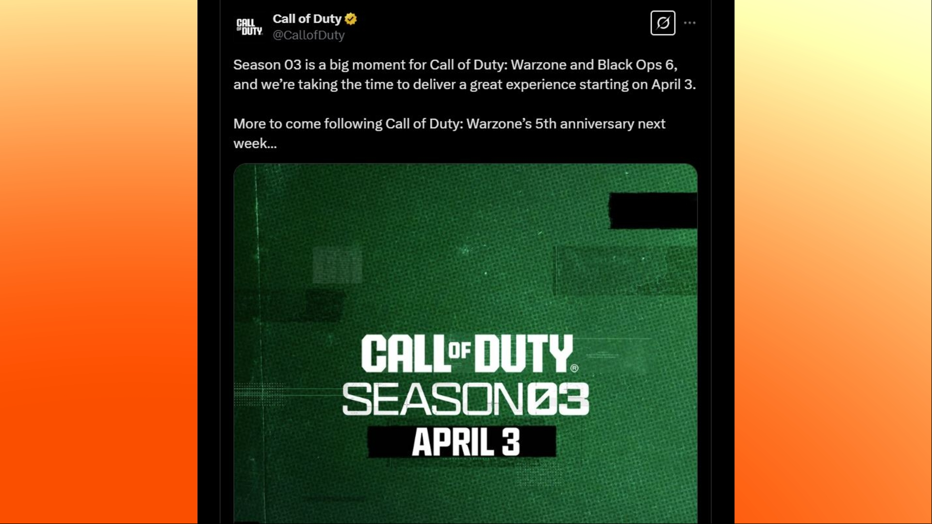 Warzone Season 3: An X post embedded onto an orange background
