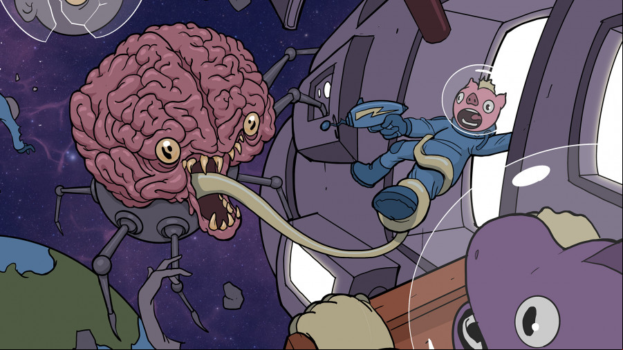 Alien attacking pig in a space suit with spaceship and purple night sky in the background.