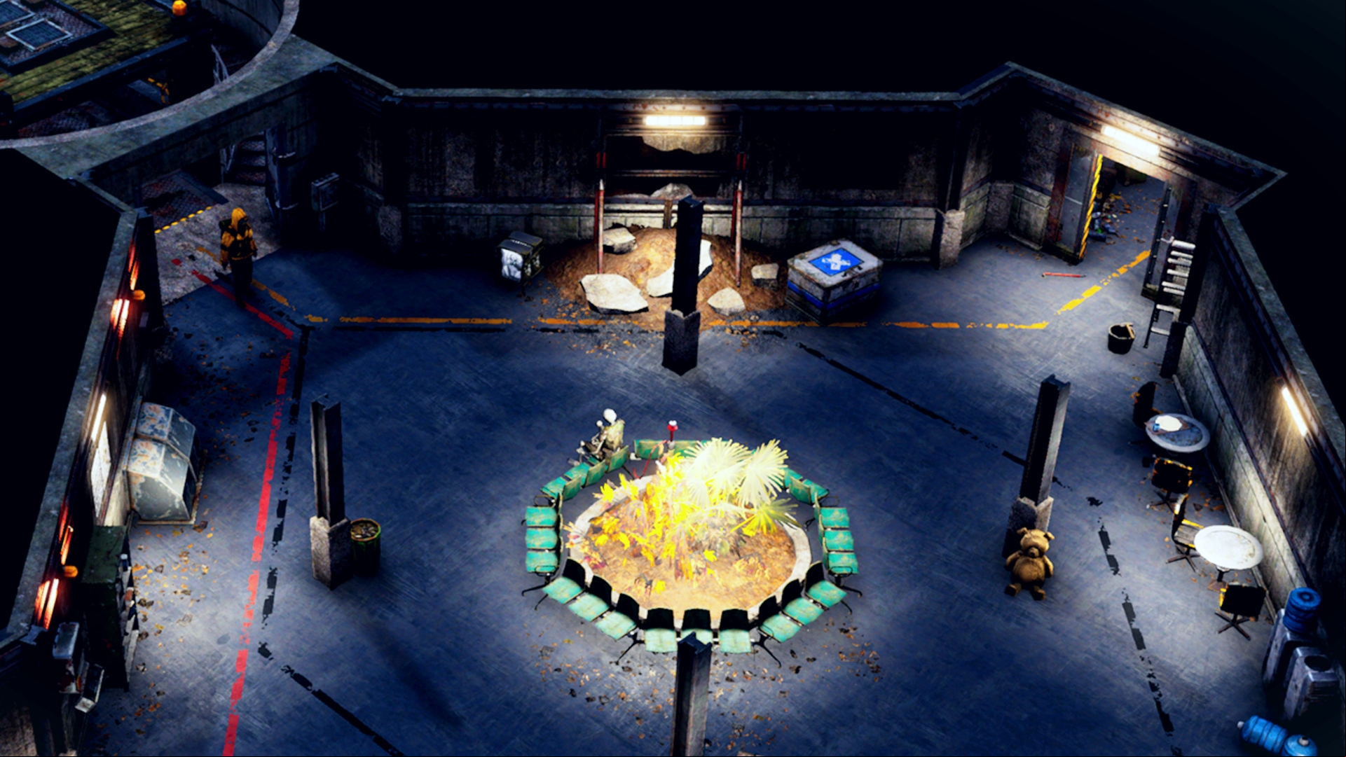 Endzone 2: A dimly lit underground shelter with a small tree at the centre