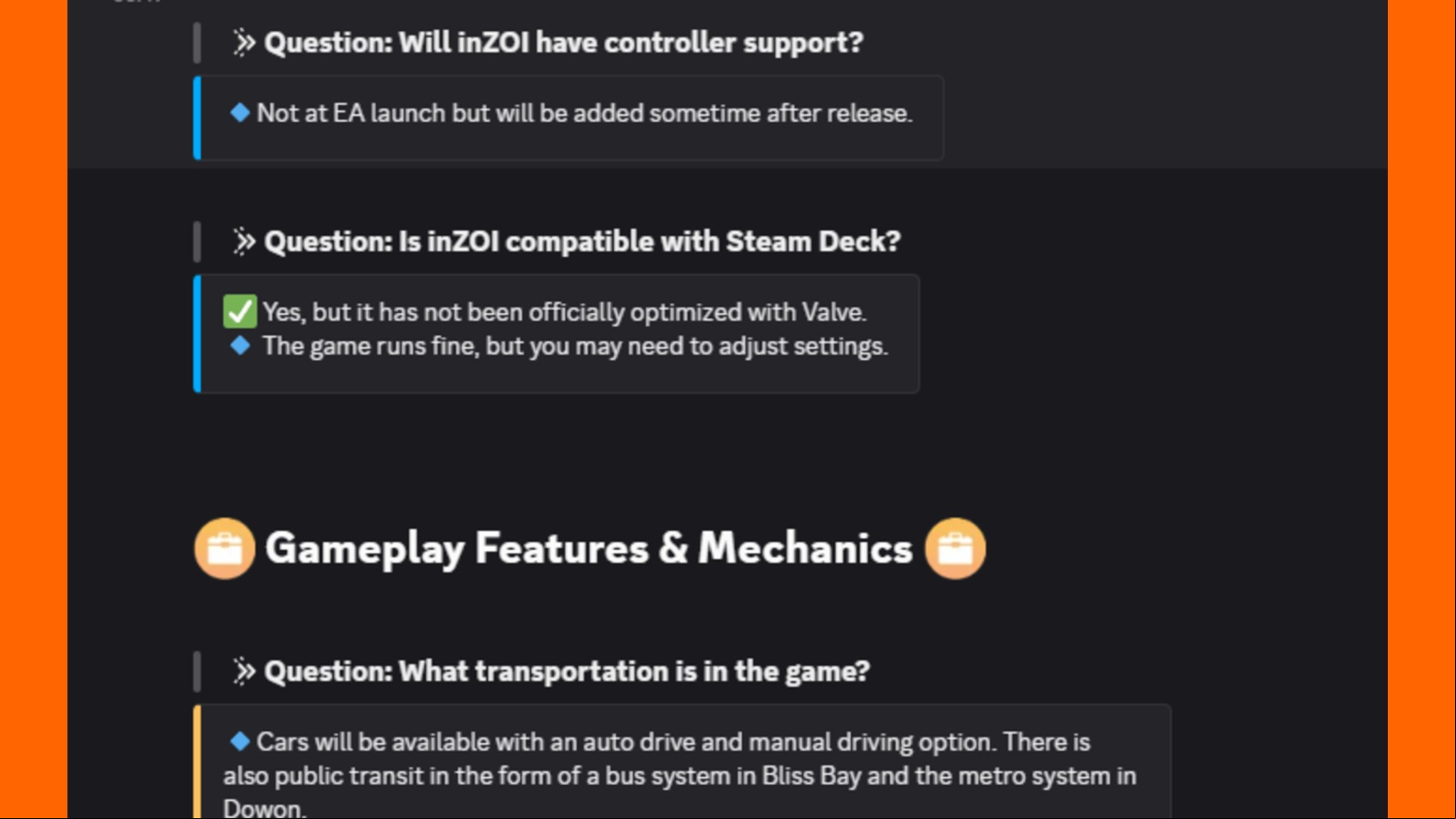 inZOI discord comments on Steam Deck performance and controller 