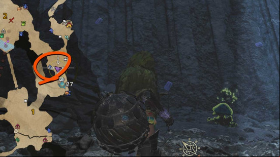 An annotated map circling the location of Gillopod in Monster Hunter Wilds.