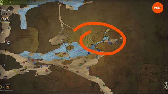 A map showing a circled Goldenfish location in the forest area of Monster Hunter Wilds.