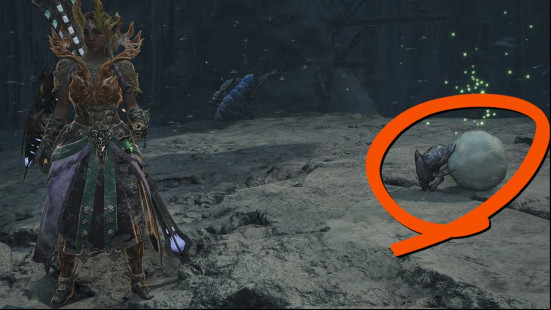 A screenshot showing a player-made hunter standing on the left as a Rime Beetle rolls a snowball on the right in Monster Hunter Wilds.