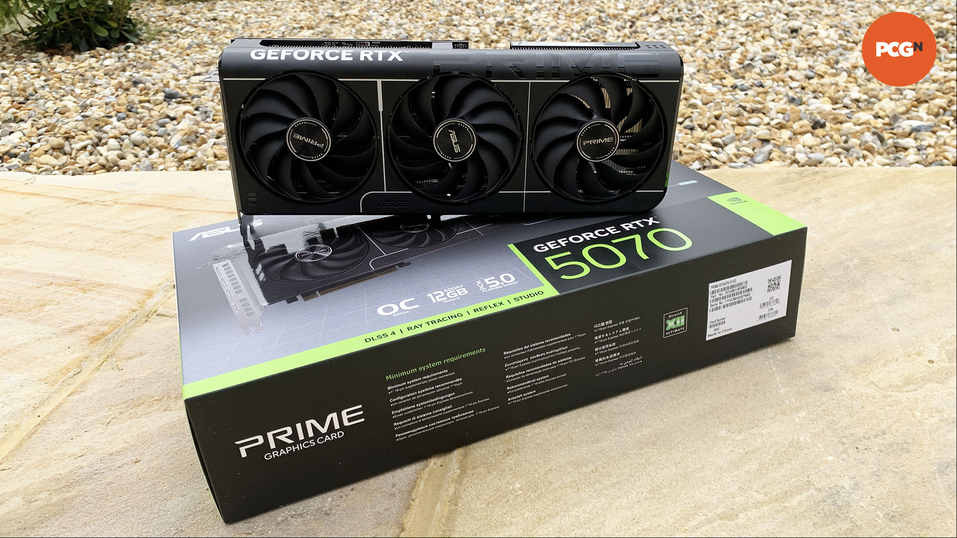 Nvidia GeForce RTX 5070 review: Asus Prime OC graphics card on box.