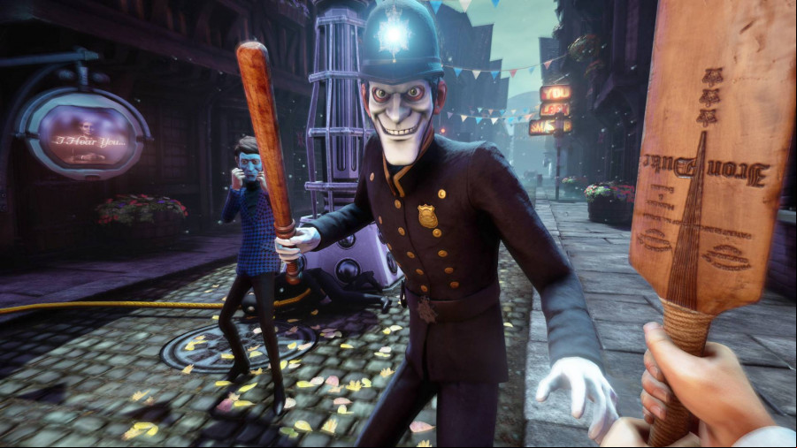 A British police officer dressed in period gear approaches a man carrying a baseball bat with a club in a busy street