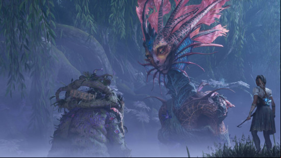 An image of a mermaid-like creature looking down on a hulking, overgrown giant
