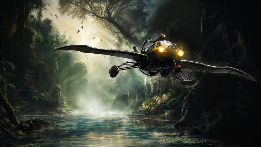 Amerzone - The Explorer's Legacy: A rickety seaplane flies through a dense jungle area