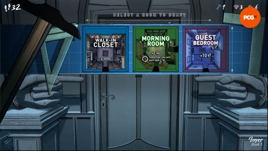Blue Prince review: a screen showing three room blueprints. The three options are closet, morning room, and guest bedroom.