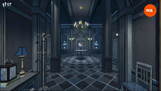 Blue Prince review: a lavish and ornate entrance room, with several busts and a bouquet of flowers on a wooden table.