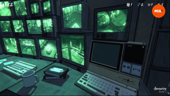 Blue Prince review: a securty desk with several large tv screens. The room is filled with a green glow from the screens.