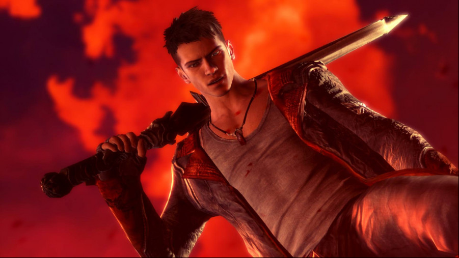 DmC Devil May Cry: A man wearing a gray tank top and long red and black leather jacket hoists a sword over his shoulders and looks down at the camera
