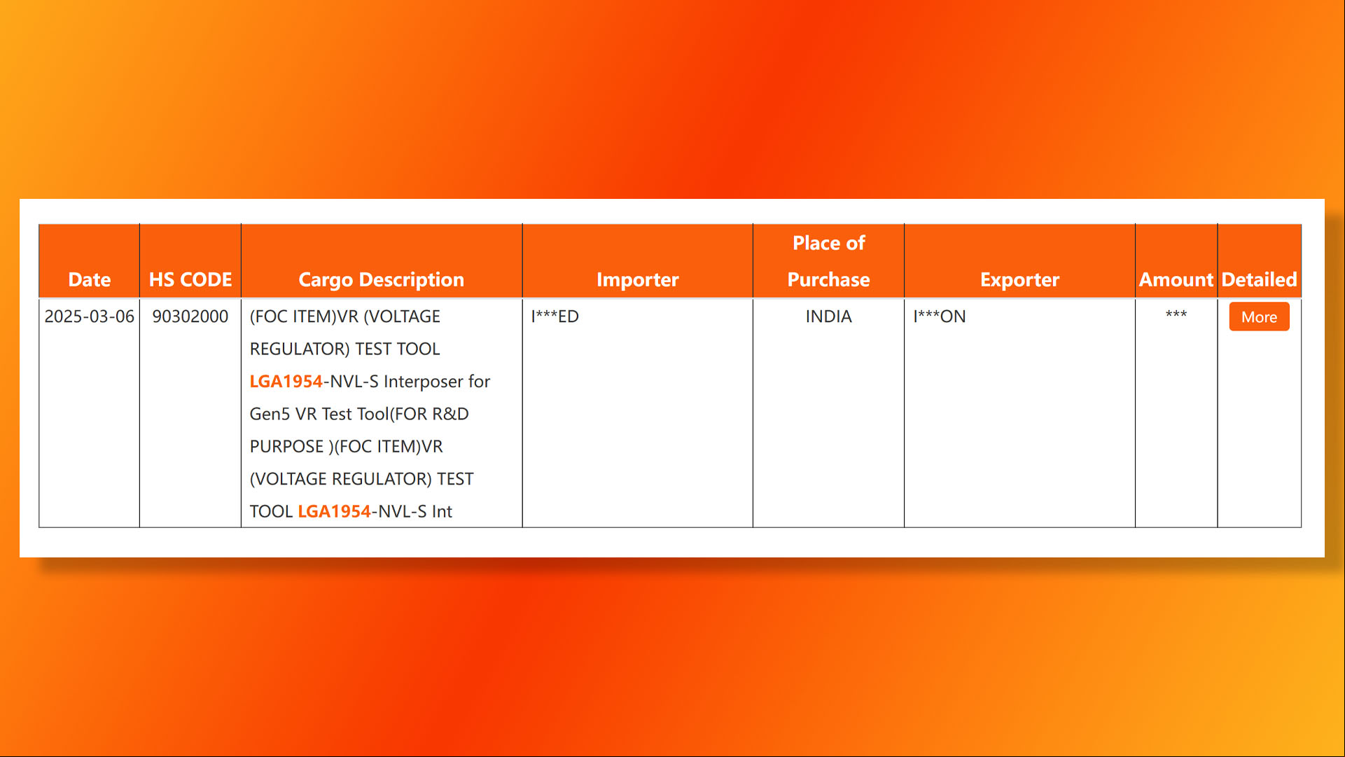 Intel Nova Lake socket LGA1954 reference in shipping manifest.
