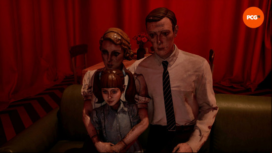 Karma the Dark World review: A mannequin man, woman, and child with chipped faces, from Karma The Dark World.