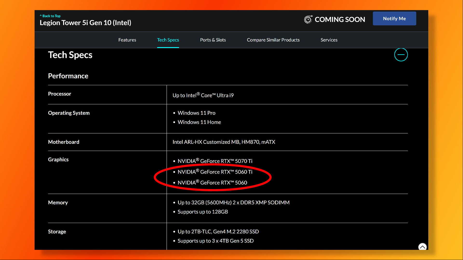 Lenovo Legion Tower 5i Gen 10 specs showing Nvidia GeForce RTX 5060 and 5060 Ti graphics card options.