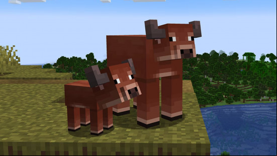 Minecraft mobs: An adult and a baby warm cow variant stand side-by-side.