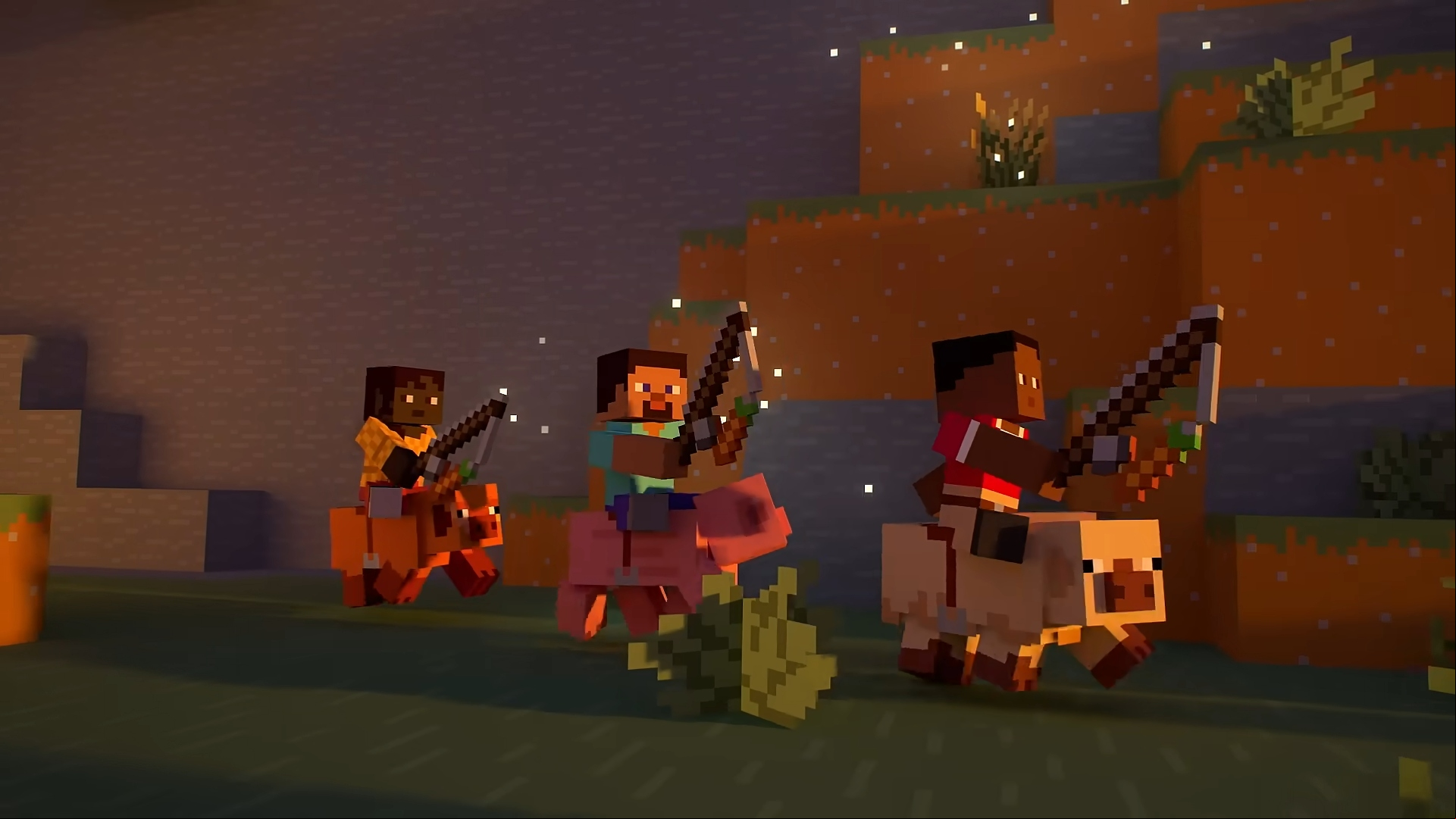 Minecraft VPN image showing various friends playing together, riding on pigs, in a screenshot from the 2025 Spring to Life trailer.