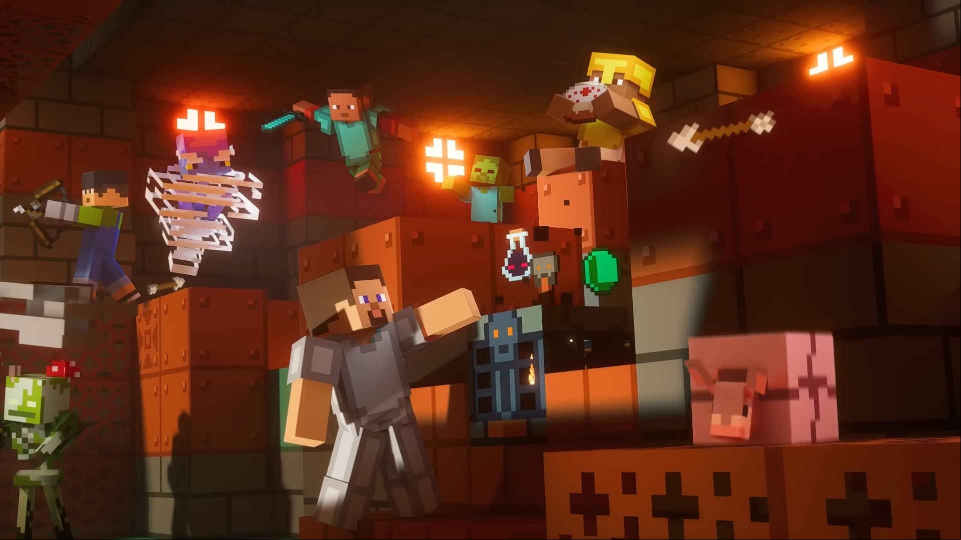 Minecraft VPN image showing a chaotic scene in a dungeon, with monsters approaching characters while they craft.
