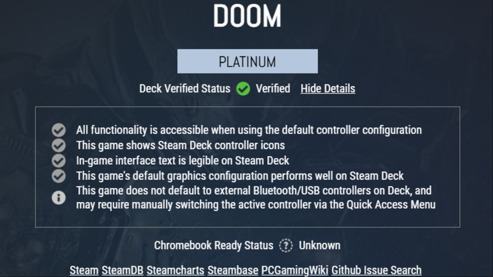 ProtonDB Doom Steam Deck rating