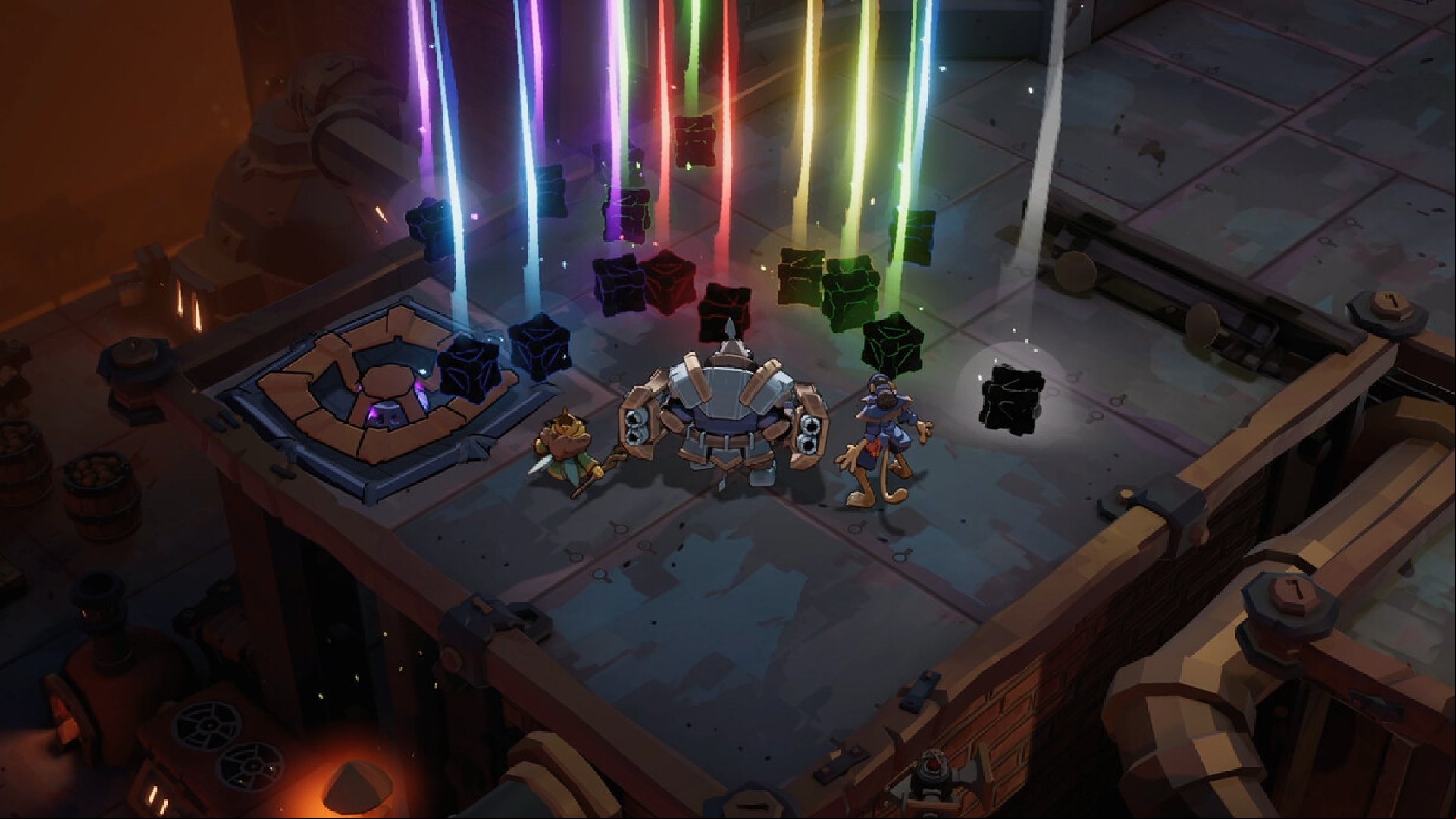Raiders of Blackveil: A team of three characters looking at a pile of multicolored loot on the ground