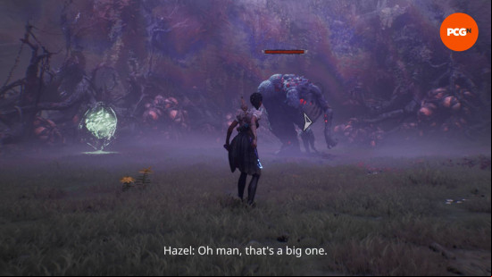 A black woman with her hair in braids faces off against a huge monster in a dark, dreary field