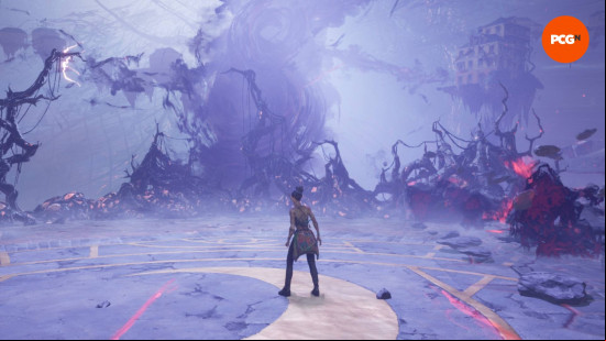 An image of a young black woman fighting a huge misty enemy, surrounded by writhing tentacles