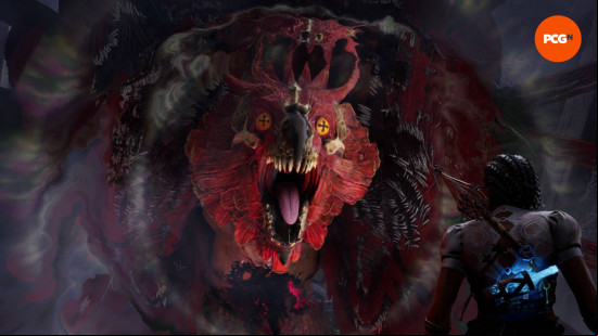 A woman faces off against a huge owl-like creature with yellow eyes with pluses for pupils, roaring at her