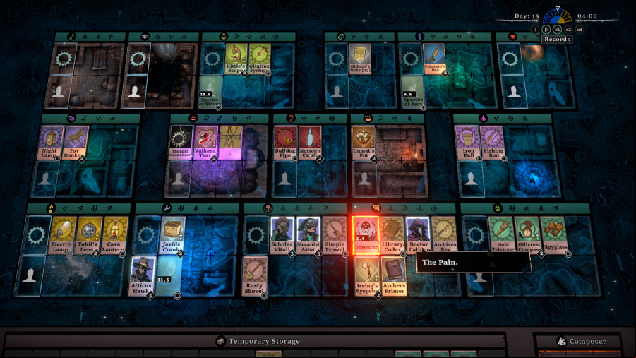 The Horror at Highrook; An image a board-game style house showing various rooms, their occupants, and items