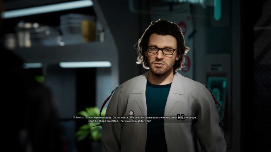 The Alters preview: A bespectacled Jan in a science lab coat keeps him up to date with current progress.